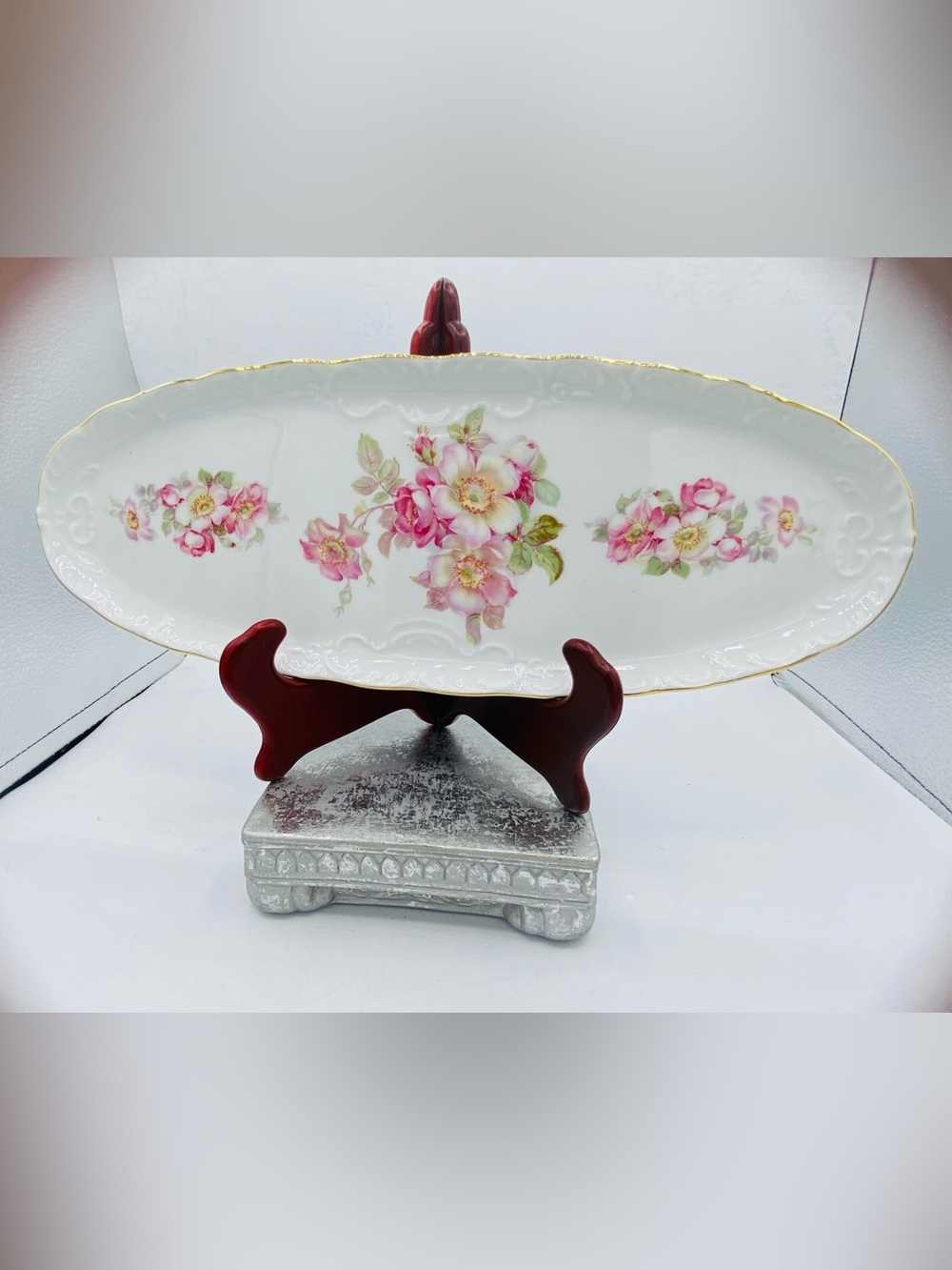 Vintage Gerold Porcelain West Germany Oblong Floral Gold Trim Dish Tray